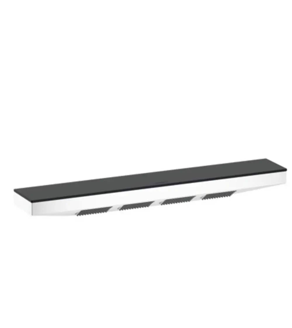 Schwarze Duschablage mit schmaler, gerillter Oberfläche und silbernem Rand. Produkt von Hansgrohe, geeignet zur Montage in Duschbereichen.